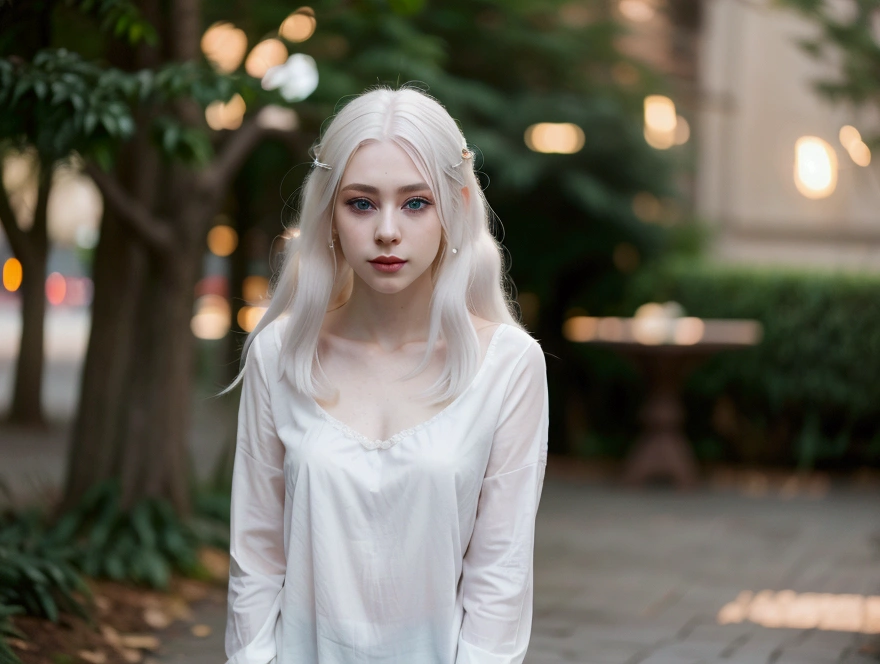 Full photo, beautiful 21 year old woman , Whole body, Pale skin, bokeh, Motion blur, He has short, straight white hair., blue eyes with long, defined eyelashes