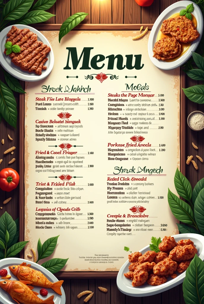 Una carta para restaurante con el siguiente menú
🍽️ Menú del día 🍽️
✅ Carne asada
✅ Bistec a Caballo
✅ Lomo de cerdo BBQ
✅ Lomo de cerdo a la Naranja
✅ Lomo de cerdo gratinado
✅ Pechuga a la plancha
✅ Pechuga gratinada
✅ Pechuga a la naranja
✅ Mojarra Roja
✅ Mojarra Lora
✅ Bocachico
✅ Bagre frito o sudado
✅ Icotea en coco
✅ Ponche en coco
✅ Gallina en coco
✅ Pato en coco