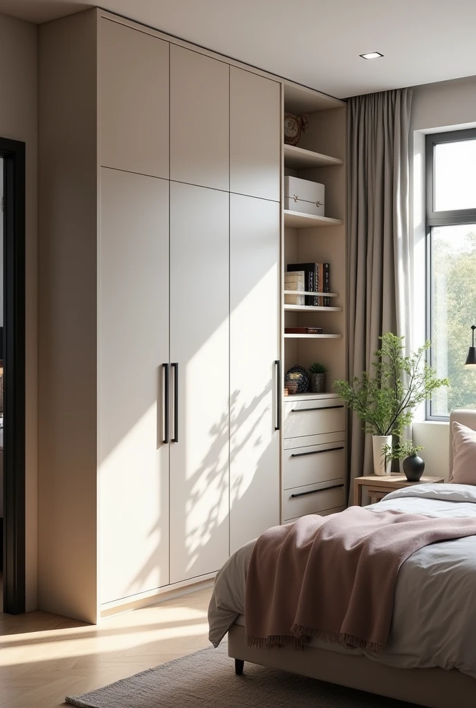 Create a built-in wardrobe and a bed on the right and have drawers above and join with the wardrobe