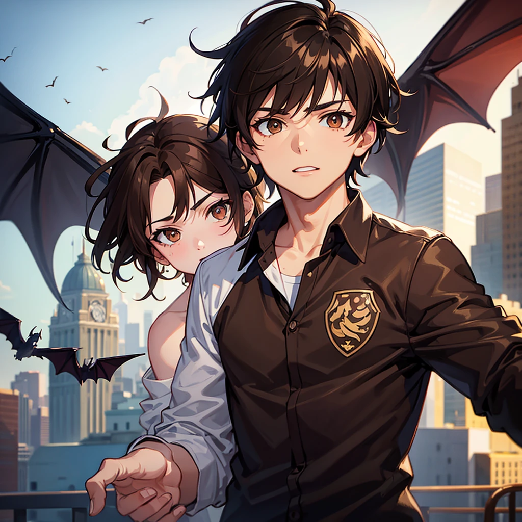 Brown haired boy, brown eyes and a bat