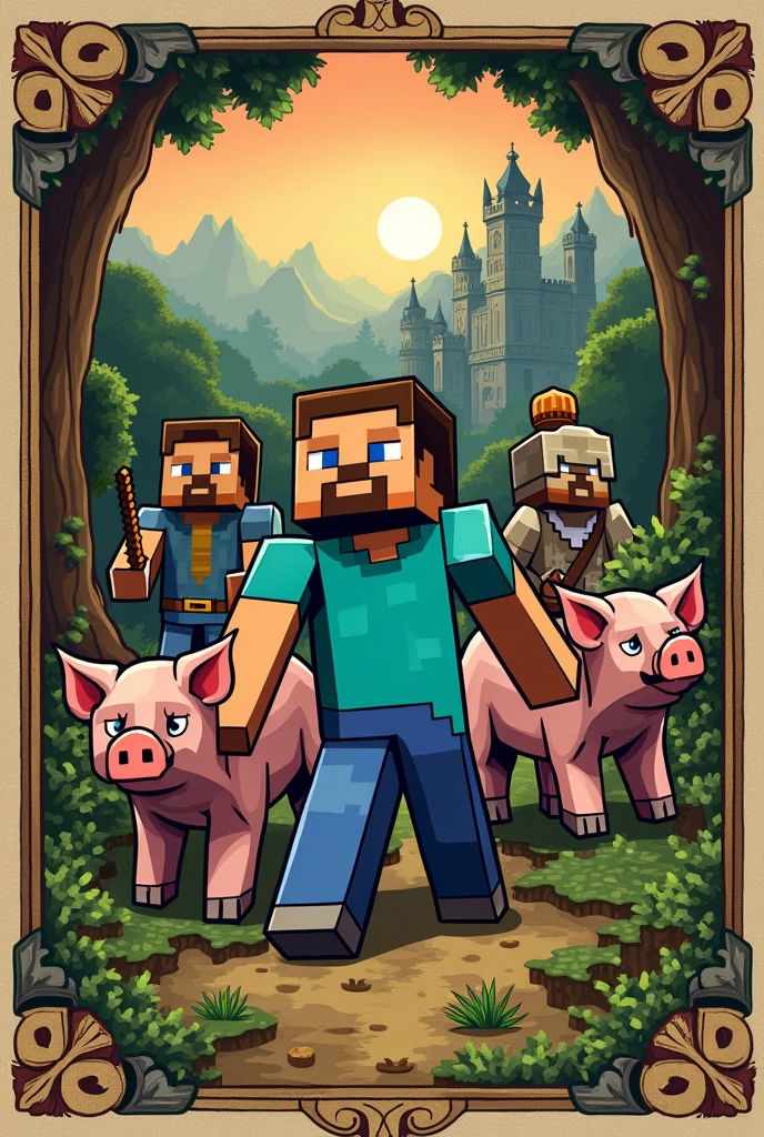 Make a logo with medieval renaissance style,
With Minecraft stuff,put minecraft characters,Minecraft pigs,they create Minecraft,and Steve from Minecraft, and what does CHAFALAN say