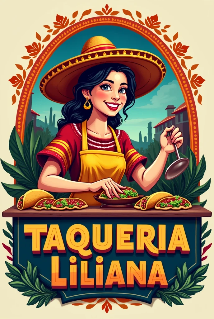 A logo of a lady selling grilled tacos with the title taqueria Liliana