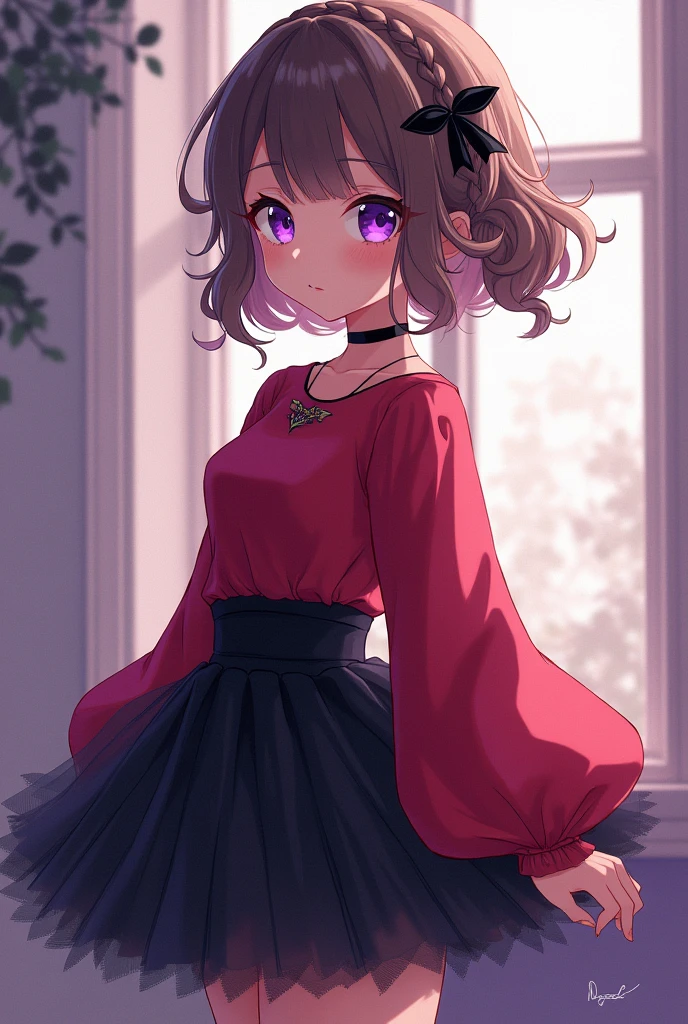 Young maiden with brown hair with short braided hairstyle and a black bun.  purple eyes. Red top dress and black fluffy skirt. anime style