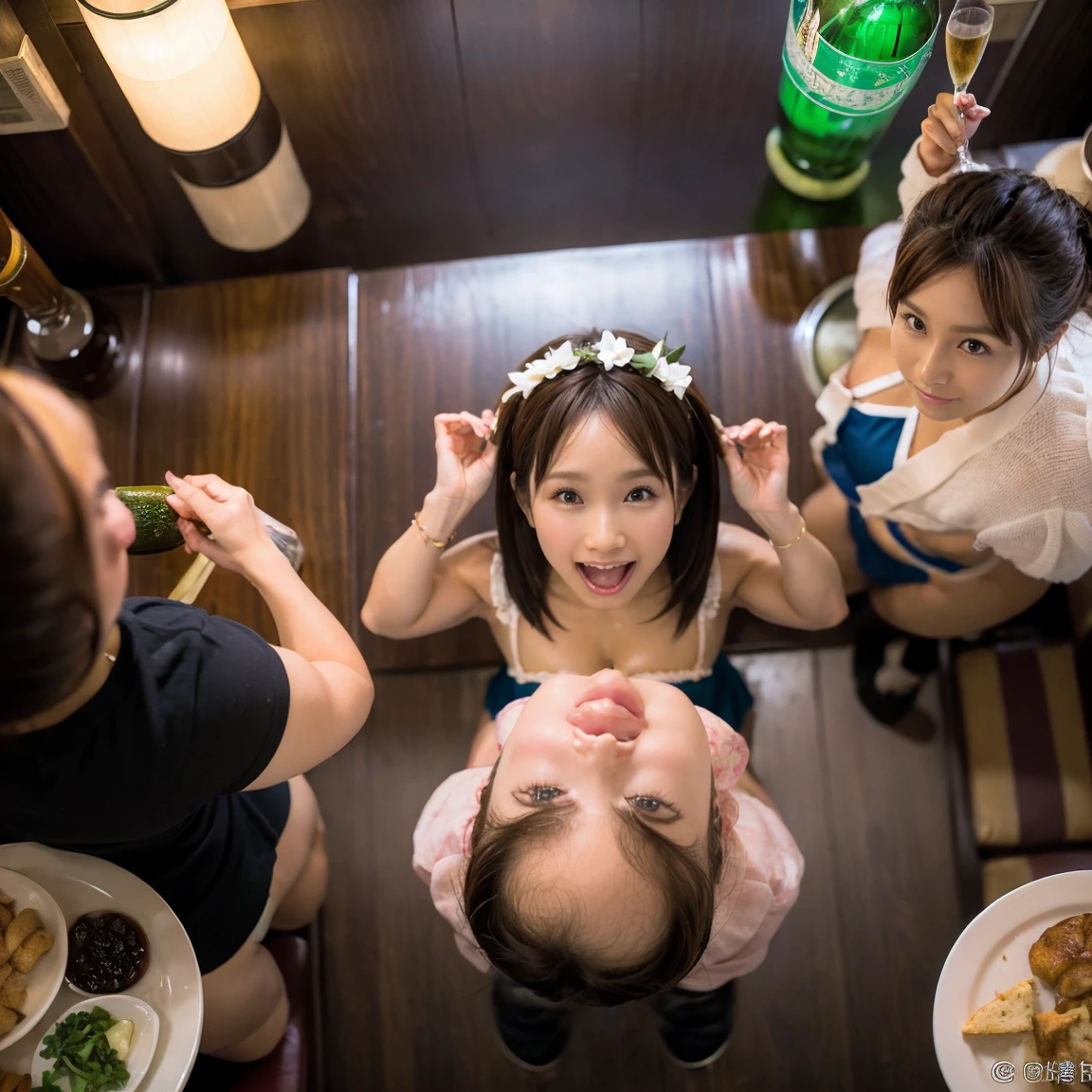 Highest quality, masterpiece, Ultra-high resolution, (Realistic:1.4), Raw photo, Very detailed, Perfect Anatomy,
(((At the pub, From above, Photo of three girls having fun at a drinking ))),
All of Japan's Most Popular Idols, All , Very cute faces, Very beautiful big bd eyes, All very beautiful colorful hair colors, Everyone is completely drunk and high on cocaine, Everywearing cute clothes,
All detailed cute faces, Very beautiful large black solid circle eye with all the details, Very beautiful hair with all the details, All detailed beautiful and realistic skins, Very beautiful body with all the details, Intricately designed clothes, Detailed tavern, Lots of alcohol and food details on the table, Illegal drugs with some detai them on the table