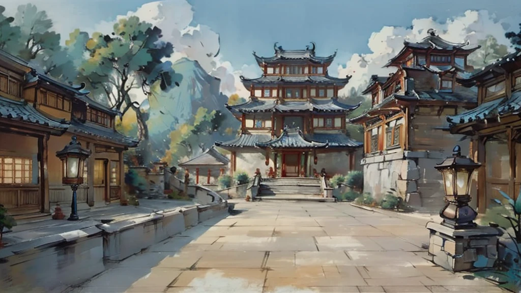 中国Ink画,  masterpiece , best quality, Ink画，Guo Chao，Ink，（Xianxia scene，Fantasy fairyland scene，Pavilions，architecture具有东南亚特色，cloud雾缭绕：1.5），outdoor，Sky，daytime，cloud，Tree，Blue sky，nobody，window，plant，architecture，landscape，lantern，stairs，Potted plants，architecture，东亚architecture，landscape