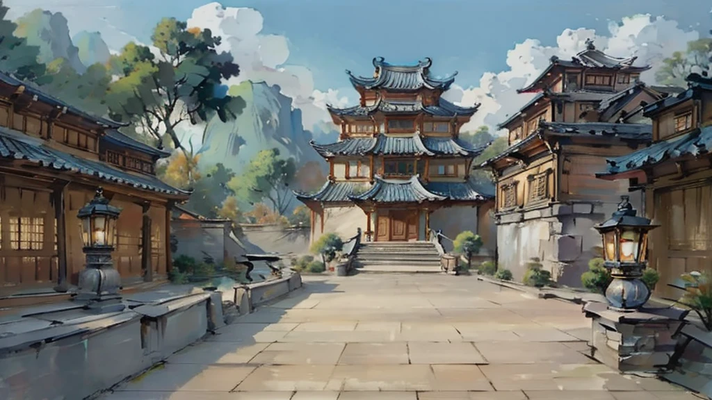 中国Ink画,  masterpiece , best quality, Ink画，Guo Chao，Ink，（Xianxia scene，Fantasy fairyland scene，Pavilions，architecture具有东南亚特色，cloud雾缭绕：1.5），outdoor，Sky，daytime，cloud，Tree，Blue sky，nobody，window，plant，architecture，landscape，lantern，stairs，Potted plants，architecture，东亚architecture，landscape