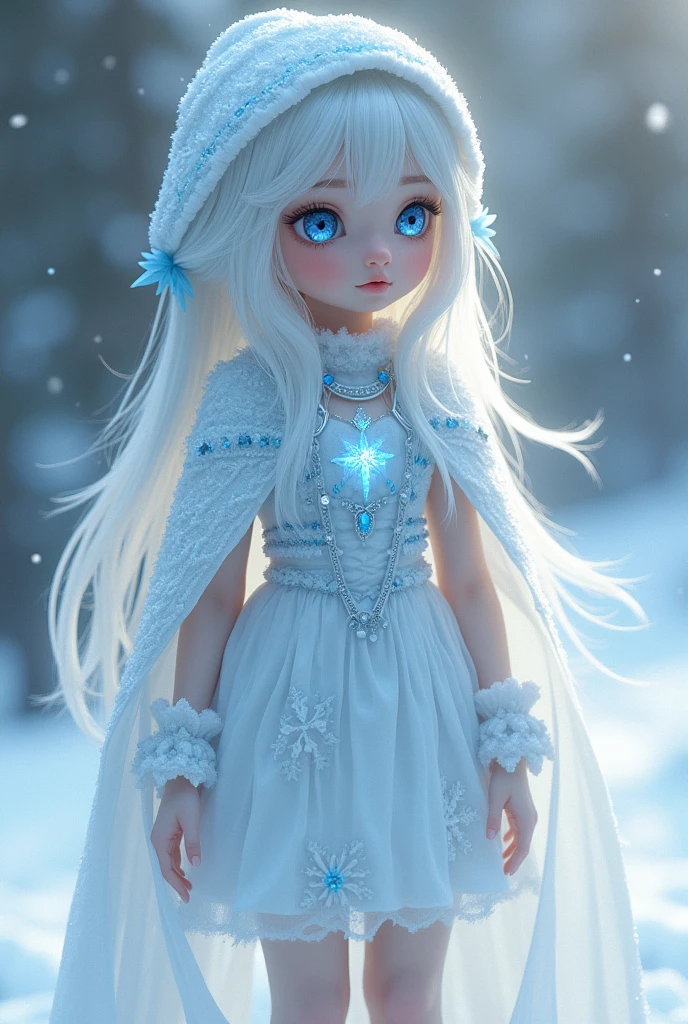 Height: 1.40m Hair: Super long hair, touch the ground, pure white as snow, with shiny and slightly silvery hair. Hair is tied back with a light blue ribbon on both sides., with long hair naturally loose.
Eye: Eye to tròn, icy blue with a sheen like the light from large icebergs, create a cold but attractive feeling.
and: and trắng như tuyết, with a dim light as if covered with a thin layer of ice.
Skin: Wear a knee-length dress, white and silver blue with icy details, like ice crystals and snow patterns. Dress with light fabric, as if made of mist. She comes with a thin cloak., with hood and frosted rim.
Accessory: Wear a glowing snowflake necklace and an ice crystal bracelet. Comes with a small white hat with frost pattern.