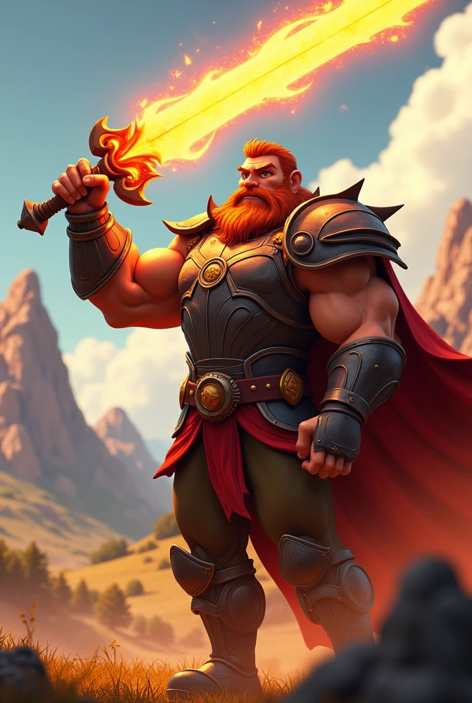 a man with a fire sword. Pixar-style