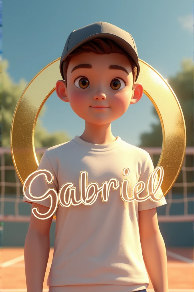 A create realistic image gold circle and kick volleyball logo, 3D embossed letters make sure correct spelling word name"Gabriel"made of transparent clear crystal with an emage of a hyper realistic quality detailed of central in circle a handsome kids with a beautiful face and a soft smile wearing a cap with white t-shirts and short on the background with a kick volleyball court,64k high quality details,