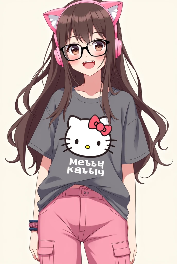 ( female anime character long brown hair pink cat headphones black glasses grey hello k shirt pink cargo pants