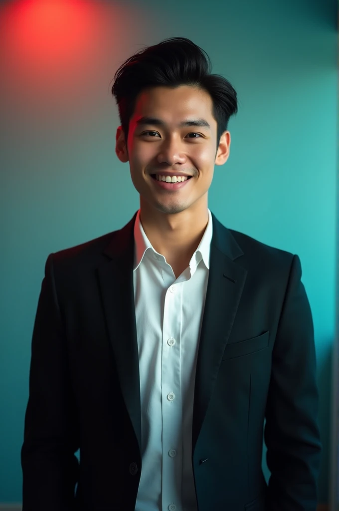 A young man with dark hair and a confident smile. He is dressed in a black blazer over a white shirt. The man is positioned against aqua colour backdrop with a subtle red lighting on the left side. and he posing for Linkedin profile