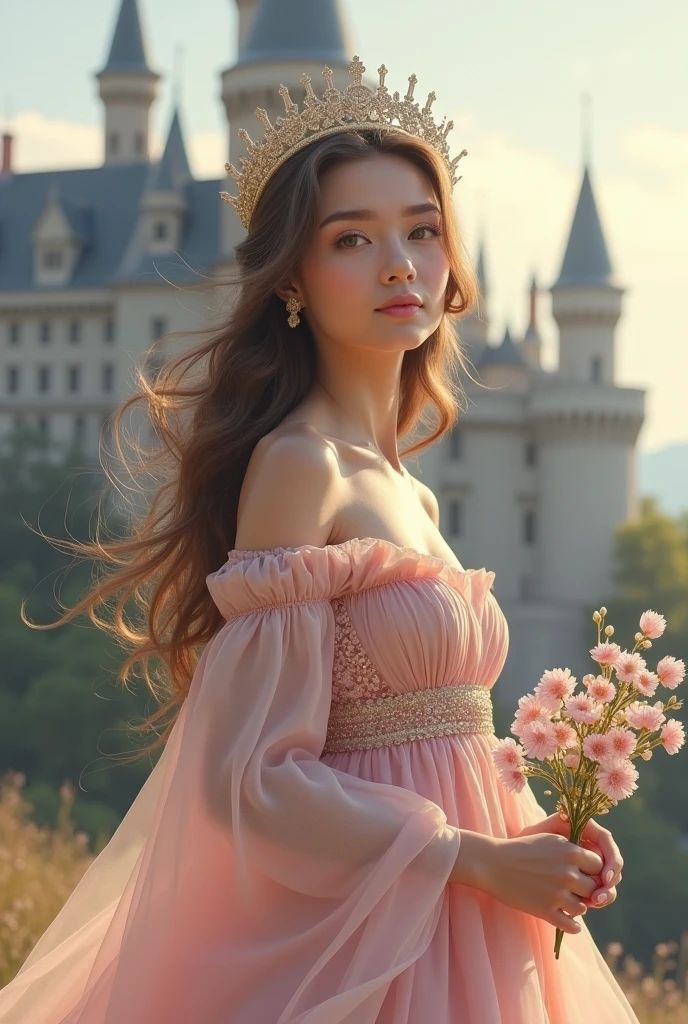Beautiful white Caucasian woman wearing a light pink dress, Crown, brown hair, bring flowers, castle background, body facing forward