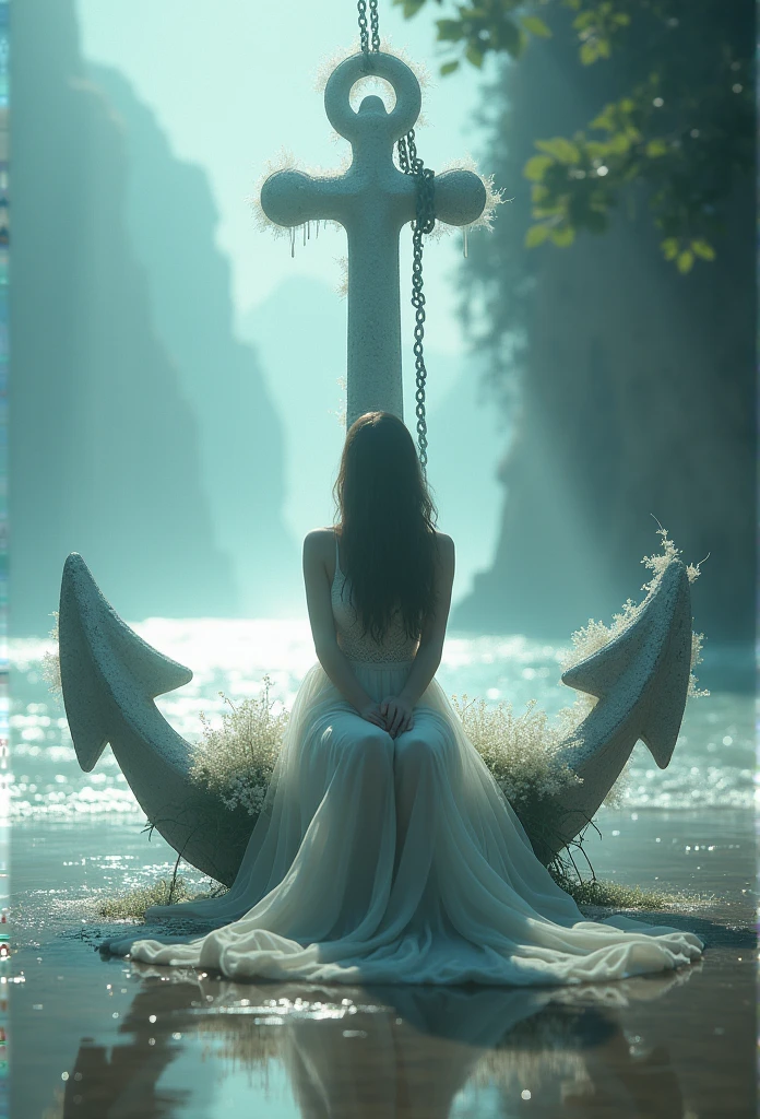 A mysterious atmosphere, atmosphere, Heavenly quality, realistic, beautiful and aesthetic, alone, Beach, flower, nature, ( Double exposure with transparent silhouette of beautiful female figure over background),  (A shining atmosphere, captivating shine, glowing lights, heavenly atmosphere, Fascinating Light, Associative colors, Fascinating colors, dramatic lighting, Aura of fascination), photorealism, A woman sitting on an anchor connected to a giant chain lowered from the air_Close-up of the viewer, fancy, fantasy,