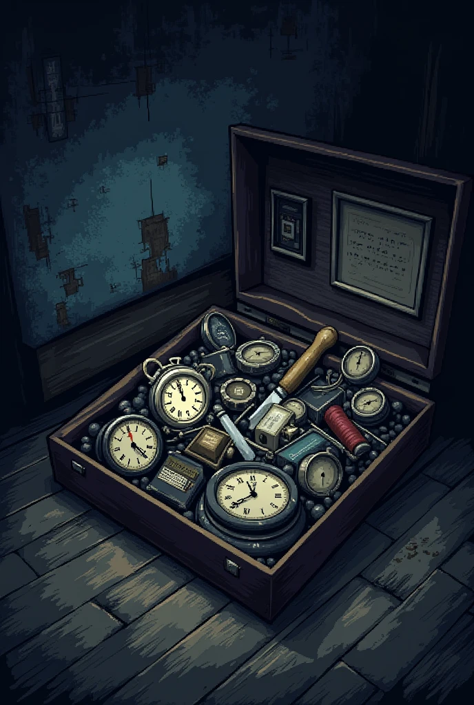Spawns a box under a dark bed, in that box there is, old clocks, video tapes, threads, among other old things but what stands out most of those things is a kitchen knife, All this with a video game-like pixelated style similar to the visual style of Undertale. 