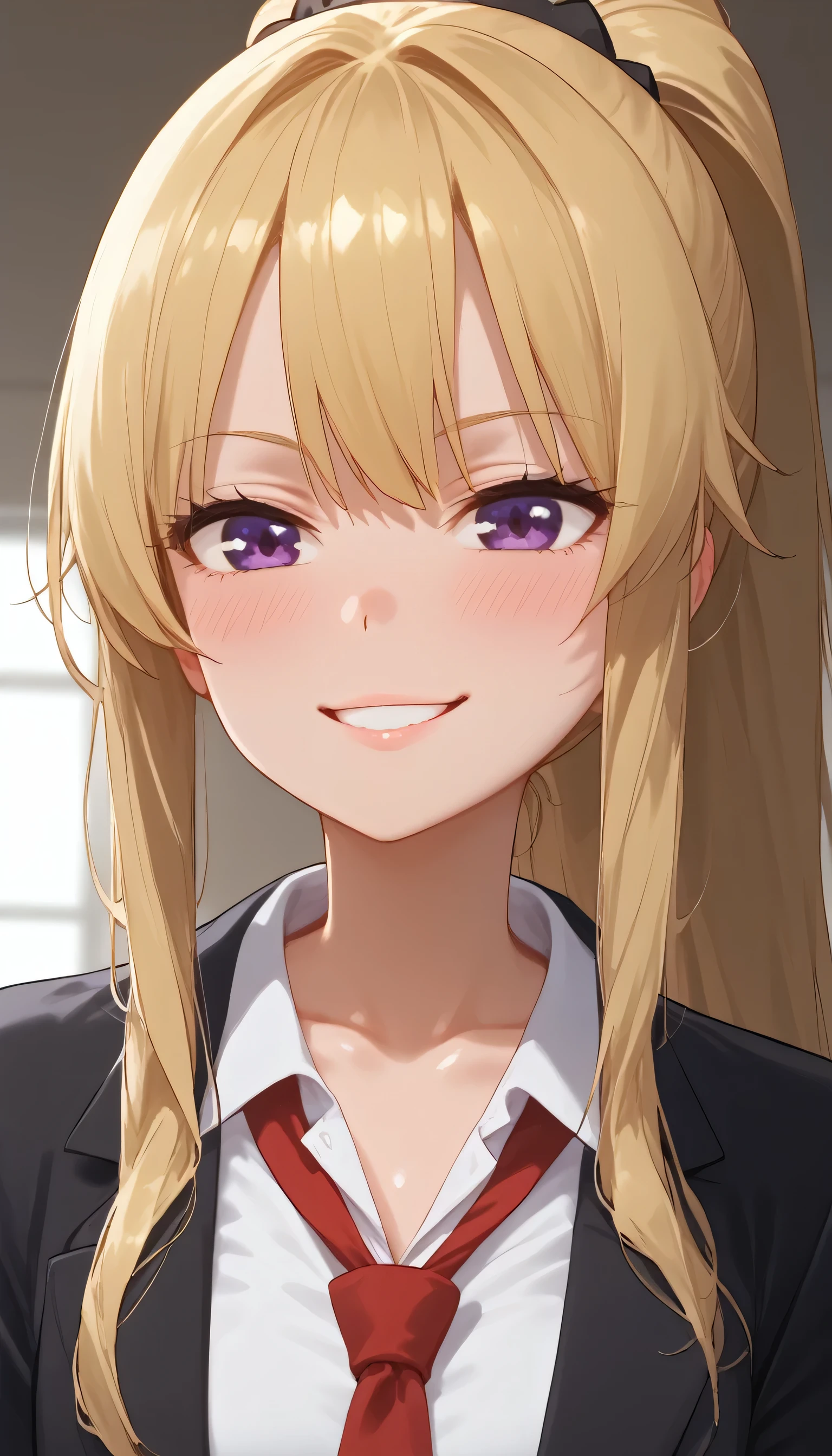 shiny skin, 1girl, ponytail hairstyle, parted lips, black skirt, bangs, hair tie, Kei Karuizawa, ((violet eyes)), blush, breasts, shirt, small breasts, solo, looking at viewer, blonde hair, long blonde hair, black coat, black suit, white shirt, red tie shirt, closed mouth, long sleeves, ponytail hairstyle, collarbone, smile, large smile, face focus 