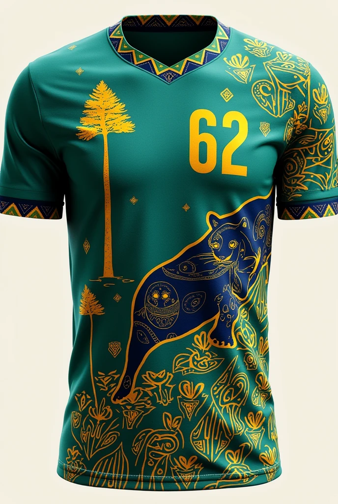 Football shirt in green colors,blue and yellow Details:indigenous paintings of the Tupi Guarani tribe all over the blouse in white color Jaguar painted in black outlined with gold Number 62 on the upper right side and a golden tree on the upper left side