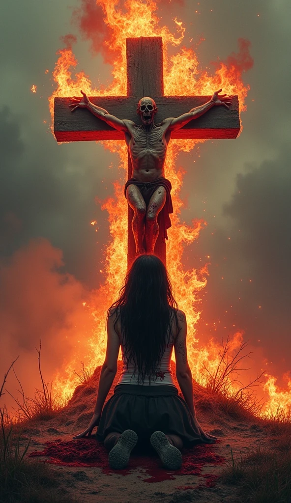 an album art cover for a deathcore, metalcore band. There is a girl kneeling on the ground bloody and bruised , bloody and bruised, she is kneeling before a large cross, there is a demon handing on the cross. The cross is on fire. At the top of the image text reads “”HopesHeart”. At the bottom of the image text reads “Broken Chromosomes”.