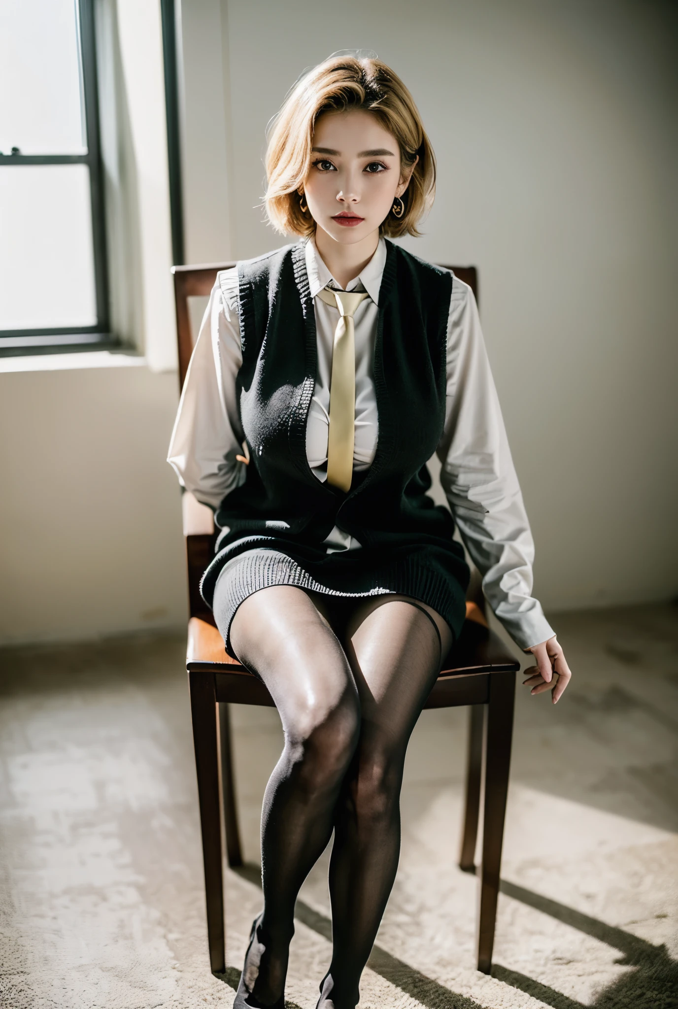 (RAW shooting, Photoreal:1.5, 8k, highest quality, masterpiece, ultra high resolution), perfect dynamic composition:1.2, Highly detailed skin and facial textures:1.2,(beautiful and aesthetic:1.2,Fair skin:1.2, full body:1.2,sitting:1.2,chair:1.2,legs together:1.2), (large breast:1.4), (perfect limbs:1.2), (perfect fingers:1.2),(caucasian,1girl,earrings,makeup, tall,standing,short blonde hair,(dark brown vest:1.2,white shirt:1.2,long sleeves,long necktie,fingerless gloves),(bottomless:1.2, pantyhose:1.2),(perfect thigh:1.2)),(simple background:1),