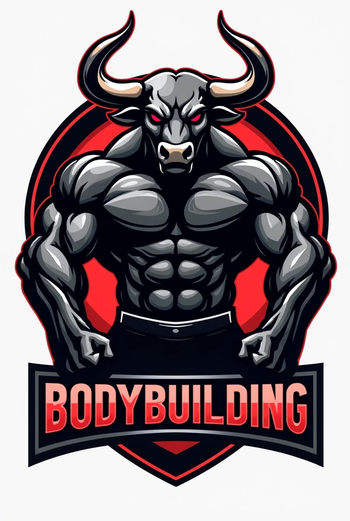Create a professional and impactful logo for a bodybuilding brand featuring a powerful, muscular bull as the central element, representing strength, resilience, and determination. The bull should have well-defined muscles and a dynamic stance that embodies the core values of bodybuilding. Incorporate sharp, angular lines to accentuate the bull's physique, adding intensity and focus. Utilize a bold color palette, including deep blacks, rich reds, and metallic grays, to convey authority and power. The design should also feature the word 'bodybuilding' in a sleek, modern font that seamlessly integrates with the overall aesthetic, enhancing the logo's strong and commanding presence