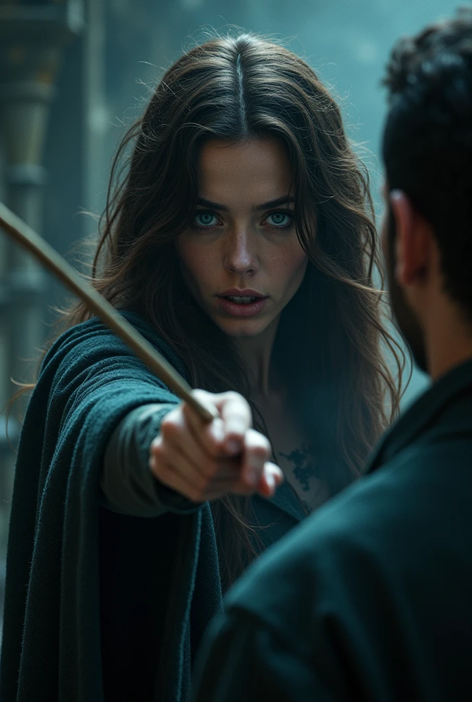 A woman with wavy dark brown hair and blue eyes pointing her wand at a man from behind, her gaze showing suffering. Don't focus on the man's face