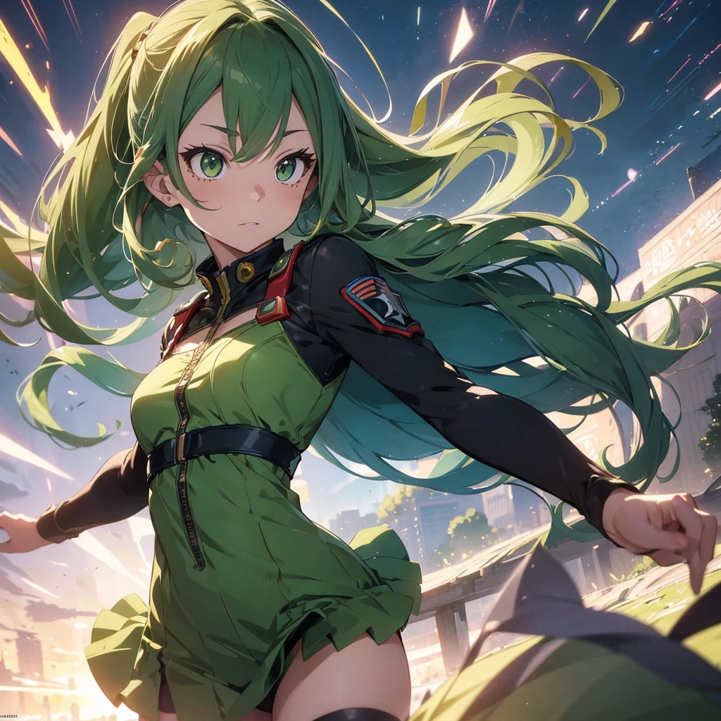 (masterpiece, best quality:1.2), expressive eyes, perfect face, highres, 1 girl, solo, (female:1.5), midoriya izuku, long hair, green eyes green hair, messy hair, freckles, gloves, belt, white gloves, bodysuit, green bodysuit, standing, cowboy shot, looking at the viewer