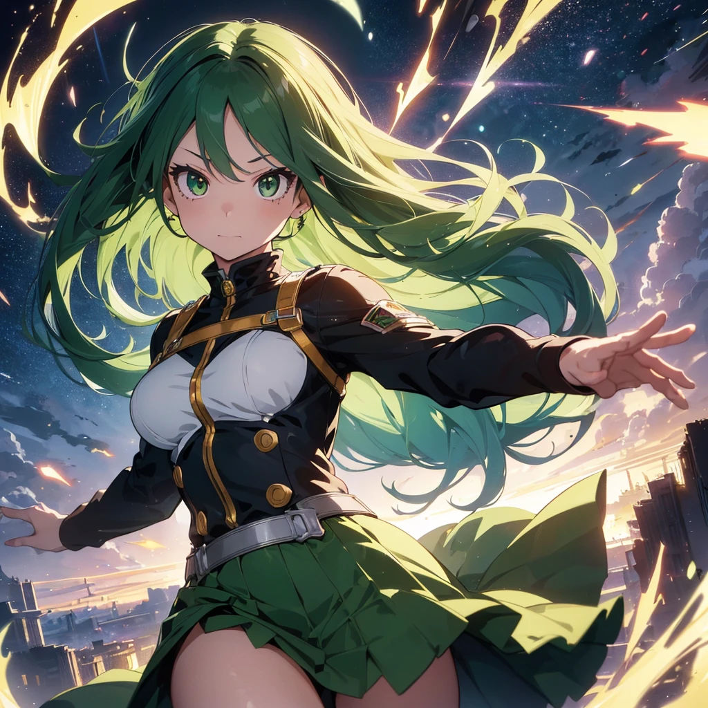 a highly detailed illustration of a character from the anime My Hero Academia, a beautiful young woman with long flowing hair, piercing green eyes, delicate facial features, and a determined expression, wearing a colorful and intricate superhero costume with metallic accents, in a dynamic action pose with energy effects and a dramatic background, vibrant colors, cinematic lighting, digital art, concept art style, (best quality, 4k, 8k, highres, masterpiece:1.2), ultra-detailed, (realistic, photorealistic, photo-realistic:1.37), intricate details, studio lighting, sharp focus, physically-based rendering, vivid colors, professional illustration