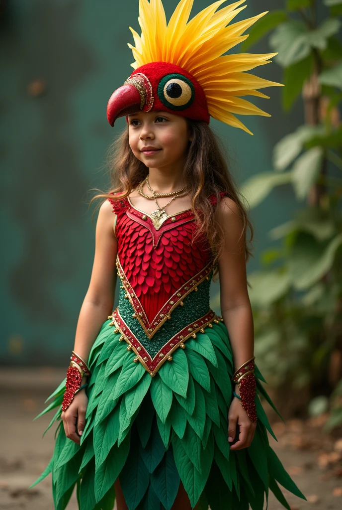 Easy to recreate quetzal fantasy costume, for a girl, that has red color, green and yellow