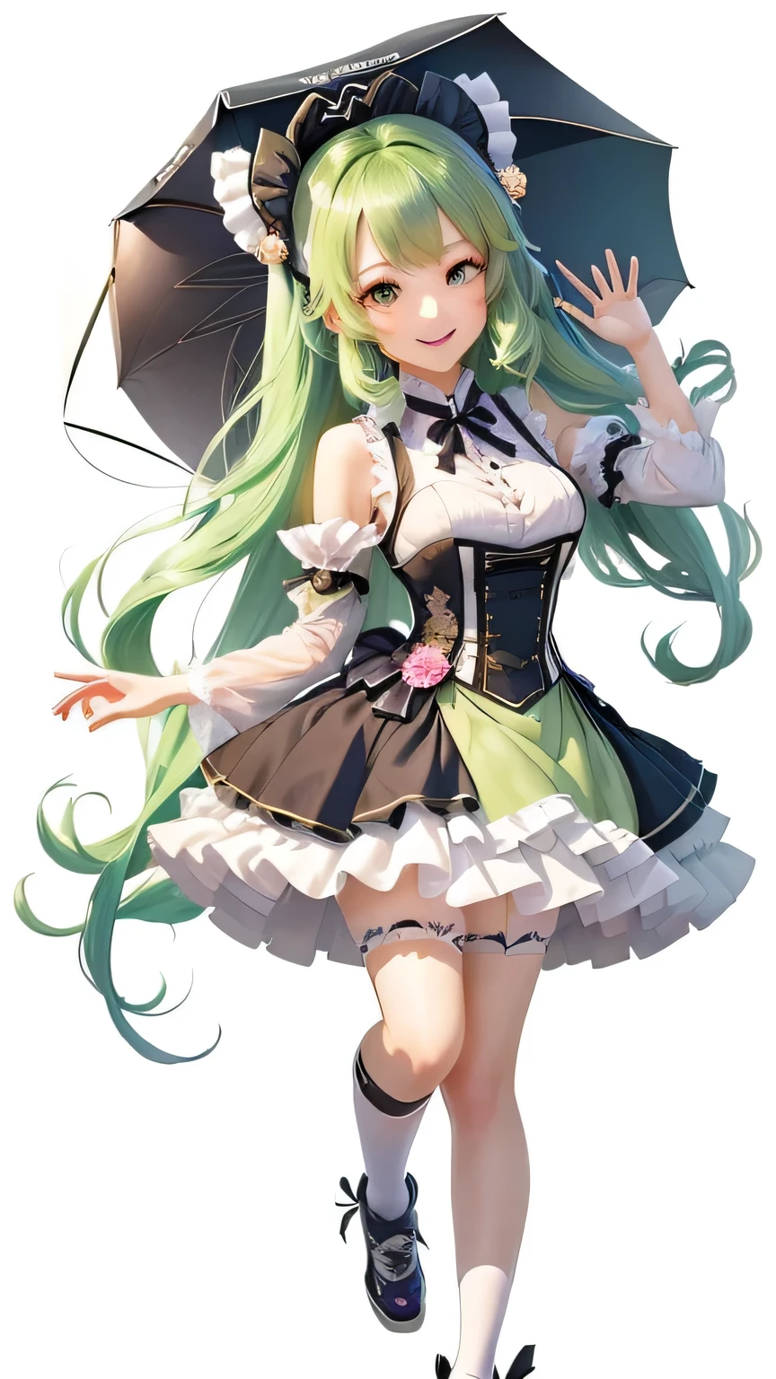 wear skirt,Maid costume,Green hair and skirt, Happy smile,High-definition details,Cute anime girl wearing a beautiful skirt, Ink art animation, , long hair anime girl, Wear, Cute girl anime visual, Anime Characters art, Official Character Art, Beautiful anime girl, pretty Anime Characters design, Anime Characters, Cute anime girl