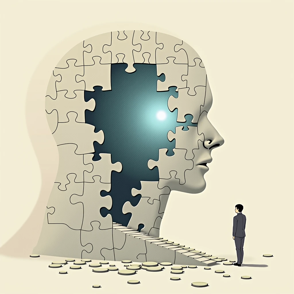 As more pieces fit into place, the puzzle transforms into a beautiful picture, representing the transformation of one's life, Illustration Drawing Stoicism