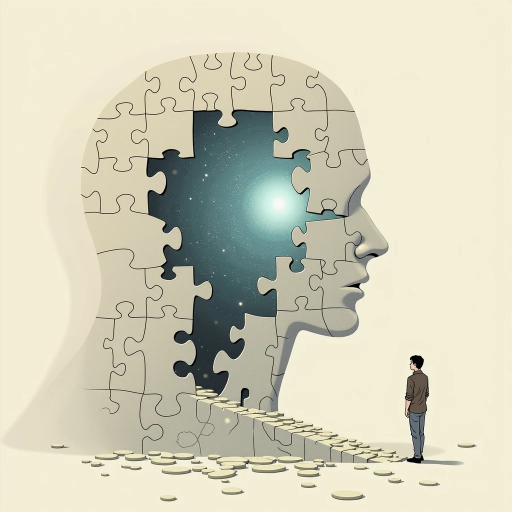 As more pieces fit into place, the puzzle transforms into a beautiful picture, representing the transformation of one's life, Illustration Drawing Stoicism