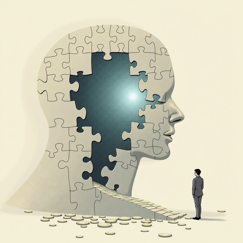 As more pieces fit into place, the puzzle transforms into a beautiful picture, representing the transformation of one's life, Illustration Drawing Stoicism
