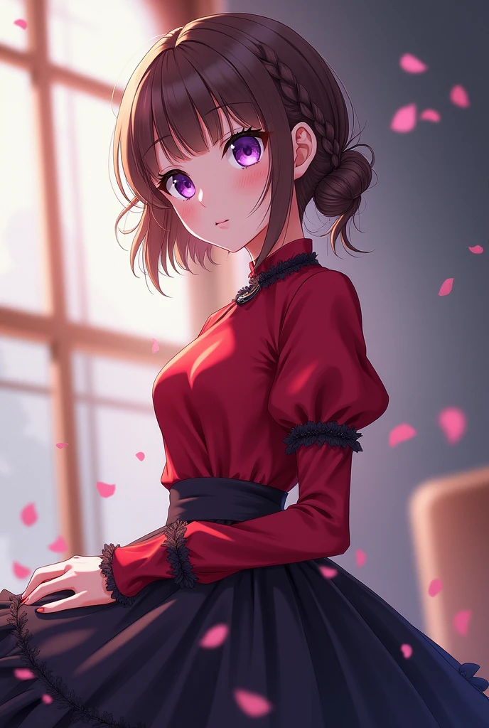 Young maiden with brown hair with short braided hairstyle and a black bun.  purple eyes. Red dress top, puffy sleeve and fluffy black skirt. anime style