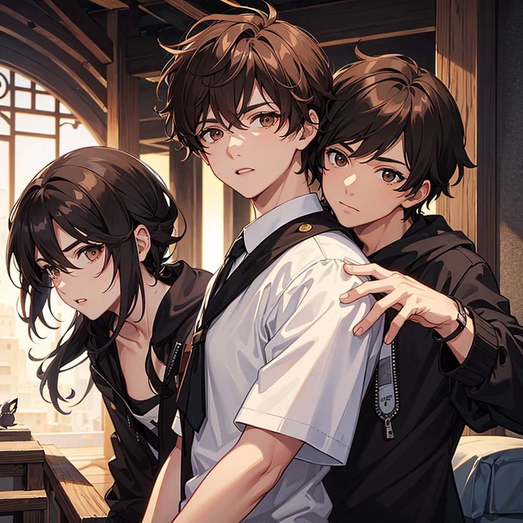A brown haired boy, brown eyes and a bat