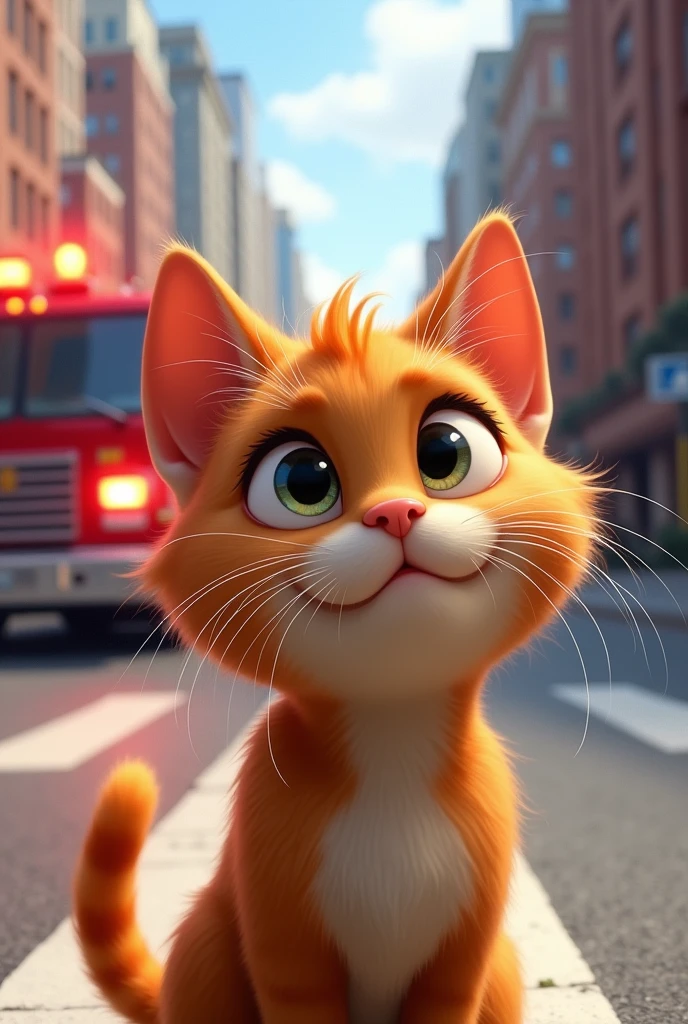 Illustrate Whiskers with wide, shining eyes as he watches a fire truck pass by, filled with determination and admiration