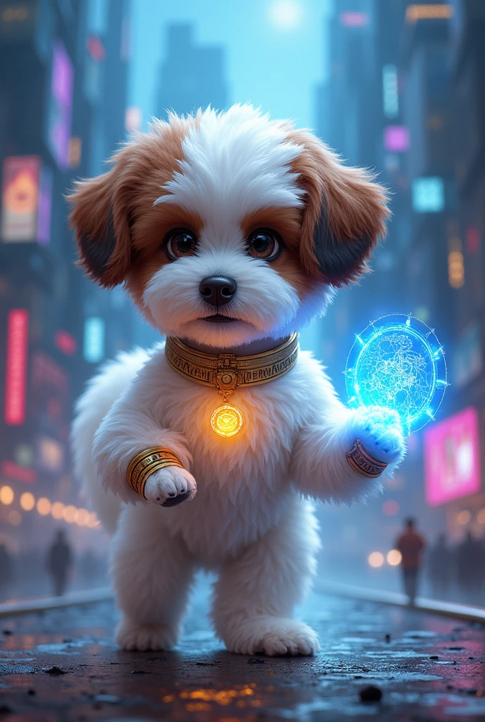 Royal female Gigi Bichon Havanese with brown and white spotted face and black chestnut ears, in the middle of a dazzling futuristic city. Tall glass and metal buildings rise in the background, illuminated by neon lights and floating holograms. Cooper is in the foreground, with its bright white fur contrasting with the city lights. He wears a technological necklace that emits a faint glow..On its paws, He holds an ancient device with a holographic screen that projects a glowing map. Around it, You can see details of the underground city and the adventure you are about to embark on..