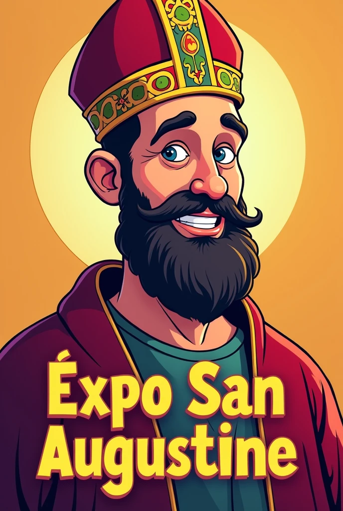 Image of Saint Augustine the Bishop with the Bishop's mitre in a nice cartoon drawing on his own, with a plain colorful background and with the words Expo San Agustín just like that with a nice letter design