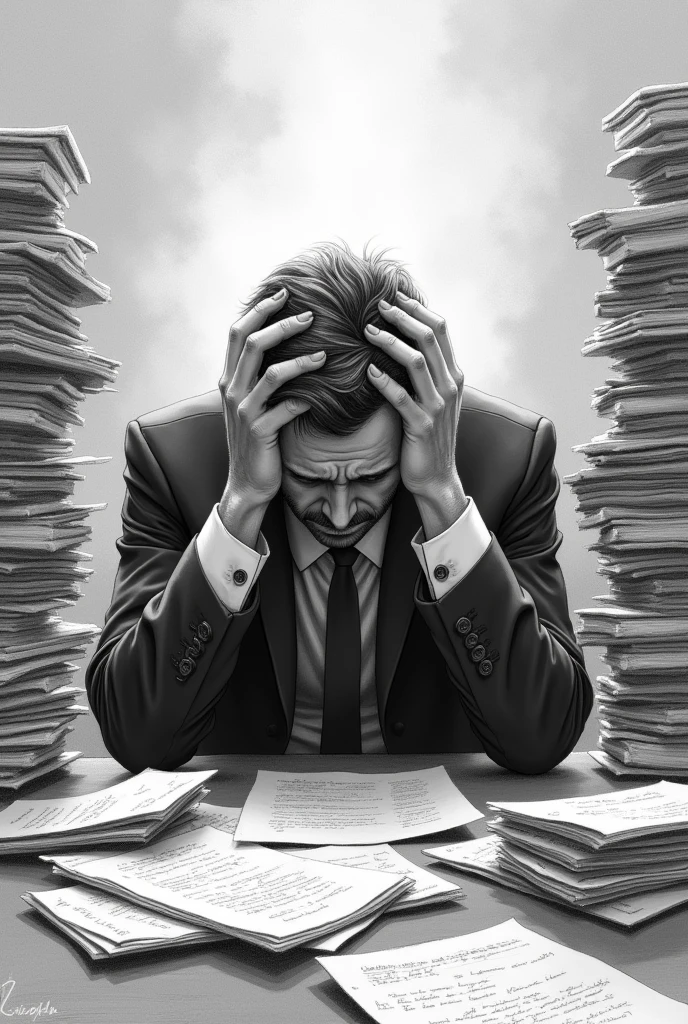 Drawing of a man sitting with his head down and his hands on it, desperate with lots of papers at work