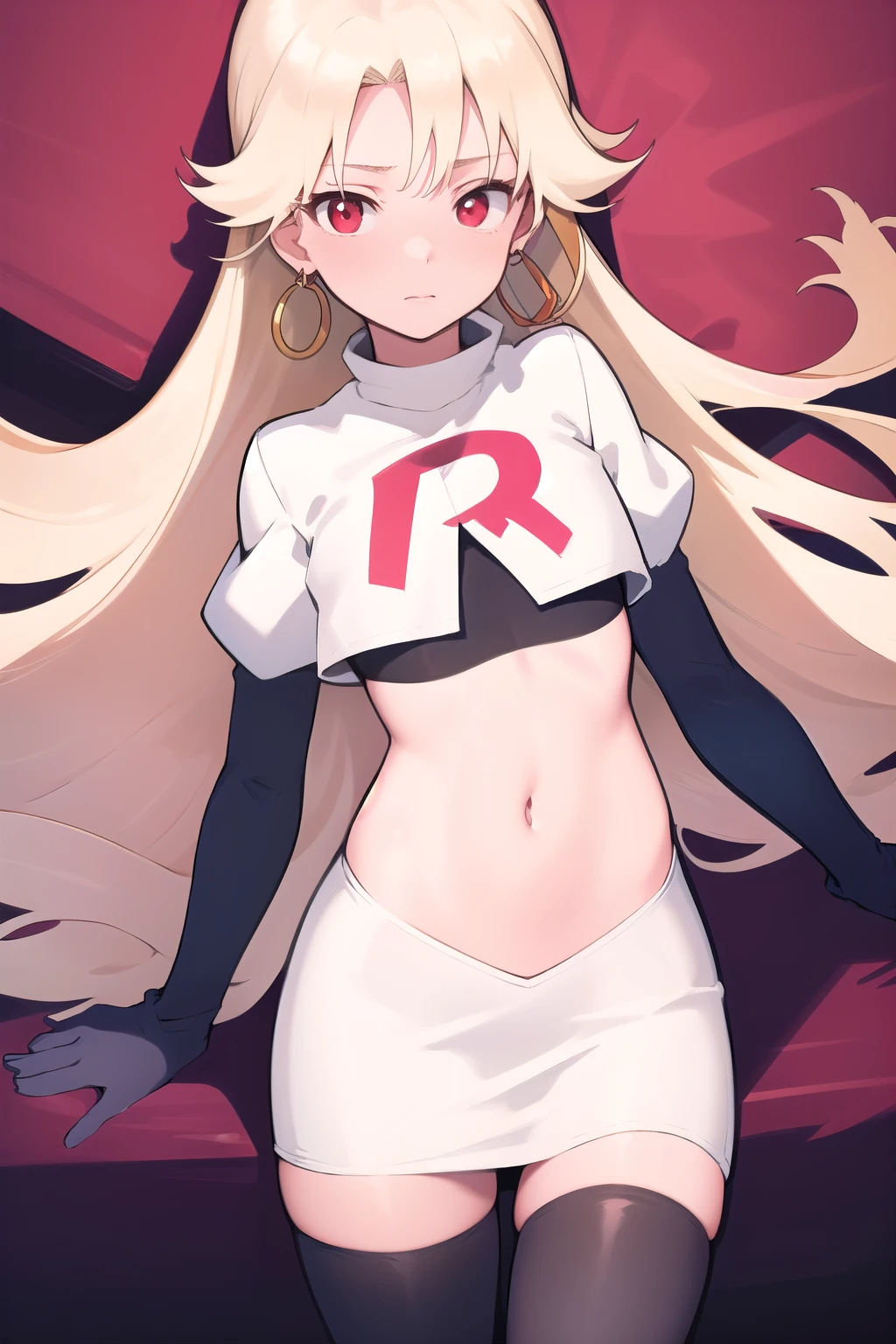 best quality, (masterpiece:1.2), illustration, absurdres,
(1girl, solo), (beautiful detailed girl), (cowboy shot),,
Roselia Millstein, blond hair, very long hair, red eyes, flat chest,
earrings, team rocket,team rocket uniform,white skirt,red letter R,crop top,black thigh-highs,black elbow gloves,
