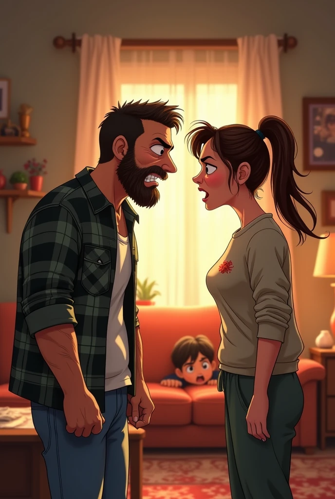 "(angry, tense, disheveled, middle-aged couple Lv 9), stern expressions, clenched fists, furrowed brows, lines of frustration etched on their faces, father with a short, unkempt beard, mother with messy hair tied back, both wearing casual clothes; father in a wrinkled flannel shirt and jeans, mother in a stained blouse and sweatpants, standing in a cluttered living room, facing each other aggressively, yelling, veins bulging, eyes filled with resentment, child in the background hiding behind a sofa, tears in eyes, Pixar cartoon style, cinematic, dramatic, masterpiece, dynamic view, full-body, wide-angle shot."
