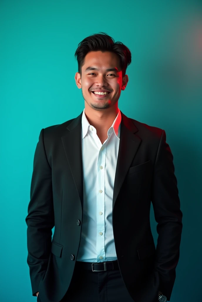 A young Man With Dark hair and a confident smile He is Dressed in a black blazer over a white shirt The man is positioned against aqua colour backdrop with a subtle red lighting on t