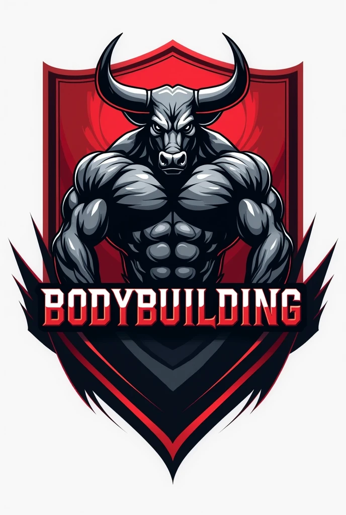 Create a professional and impactful logo for a bodybuilding brand featuring a powerful, muscular bull as the central element, representing strength, resilience, and determination. The bull should have well-defined muscles and a dynamic stance that embodies the core values of bodybuilding. Incorporate sharp, angular lines to accentuate the bull's physique, adding intensity and focus. Utilize a bold color palette, including deep blacks, rich reds, and metallic grays, to convey authority and power. The design should also feature the word 'bodybuilding' in a sleek, modern font that seamlessly integrates with the overall aesthetic, enhancing the logo's strong and commanding presence