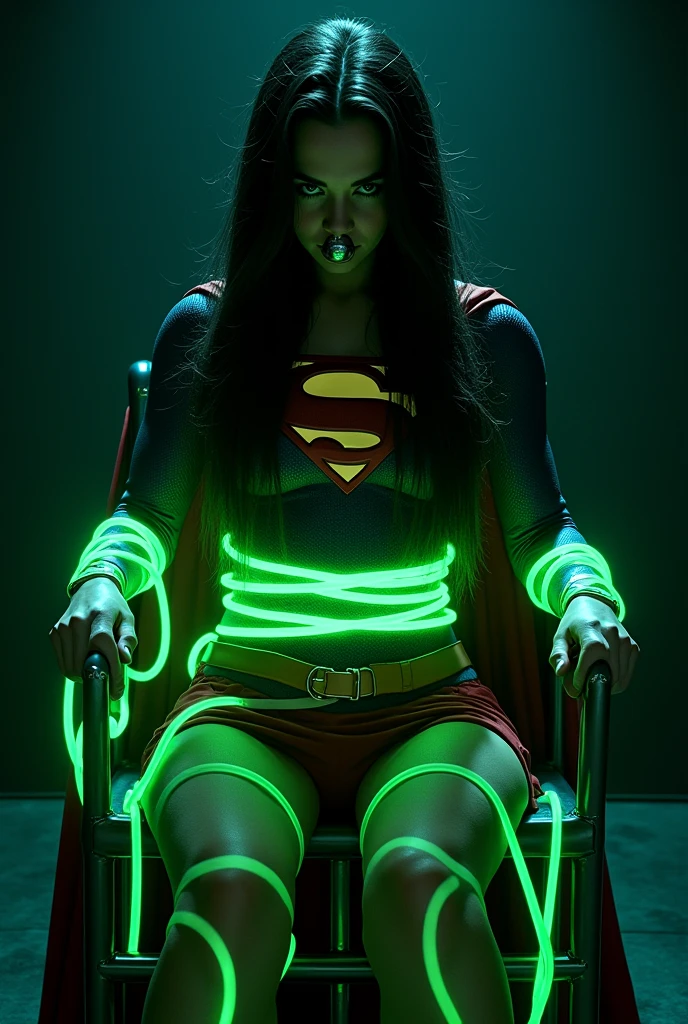 A PERIL BONDAGE SCENE WHERE A HOT SUPERGIRL WITH LONG BLACK HAIR WEARING HER ICONIC SUPERGIRL OUTFIT AND CAPE, HER HANDS, FEET AND WASTE TIED UP WITH LOTS OF GLOWING GREEN KRYPTONITE ROPE WHILE SITTING IN A METAL CHAIR, A BALL GAGG COVERS HER MOUTH, COMPLETELY HELPLESS IN A PITCH BLACK ROOM. INCREDIBLE DETAILS, HYPER DETAILED IN 8K RESOLUTION