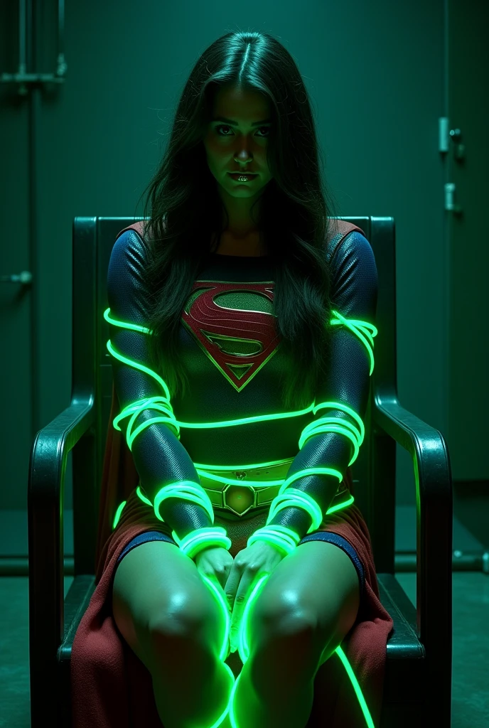 A PERIL BONDAGE SCENE WHERE A HOT SUPERGIRL WITH LONG BLACK HAIR WEARING HER ICONIC SUPERGIRL OUTFIT AND CAPE, HER HANDS, FEET AND WASTE TIED UP WITH LOTS OF GLOWING GREEN KRYPTONITE ROPE WHILE SITTING IN A METAL CHAIR, A BALL GAGG COVERS HER MOUTH, COMPLETELY HELPLESS IN A PITCH BLACK ROOM. INCREDIBLE DETAILS, HYPER DETAILED IN 8K RESOLUTION