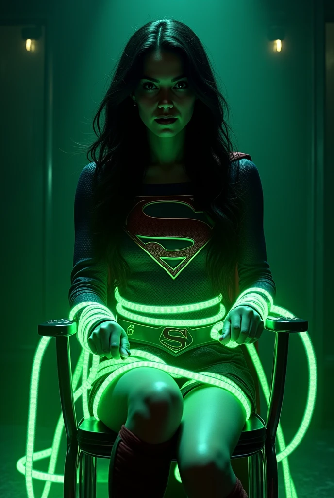 A PERIL BONDAGE SCENE WHERE A HOT SUPERGIRL WITH LONG BLACK HAIR WEARING HER ICONIC SUPERGIRL OUTFIT AND CAPE, HER HANDS, FEET AND WASTE TIED UP WITH LOTS OF GLOWING GREEN KRYPTONITE ROPE WHILE SITTING IN A METAL CHAIR, A BALL GAGG COVERS HER MOUTH, COMPLETELY HELPLESS IN A PITCH BLACK ROOM. INCREDIBLE DETAILS, HYPER DETAILED IN 8K RESOLUTION