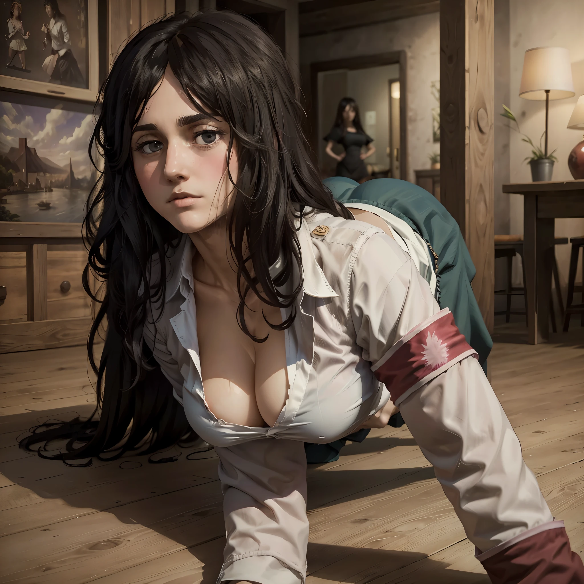 1 girl, Alone, PieckAOT, , looking at the viewer, masterpiece, perfect, perfect quality, blush, Whole body, Lifting up the skirt to show the panties (bare breasts) (crouching on the ground) (on all fours) (sexy) (pose sexy)