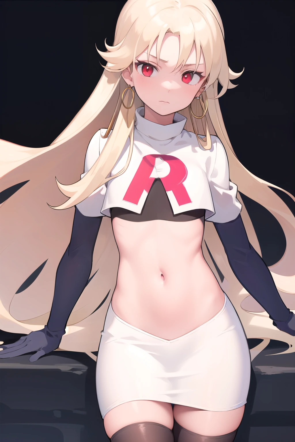 best quality, (masterpiece:1.2), illustration, absurdres,
(1girl, solo), (beautiful detailed girl), (cowboy shot),,
Roselia Millstein, blond hair, very long hair, red eyes, flat chest,
earrings, team rocket,team rocket uniform,white skirt,red letter R,crop top,black thigh-highs,black elbow gloves,