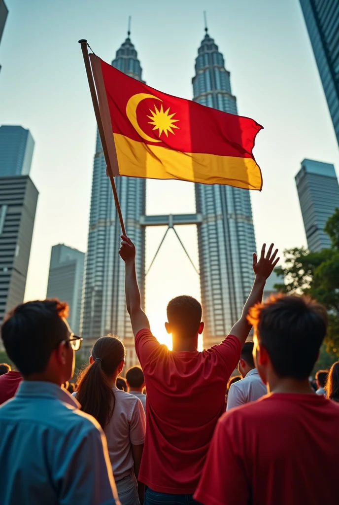 At klcc with a group of friends , family are holding a flag to celebrating independence days .aspect ratio 16:9