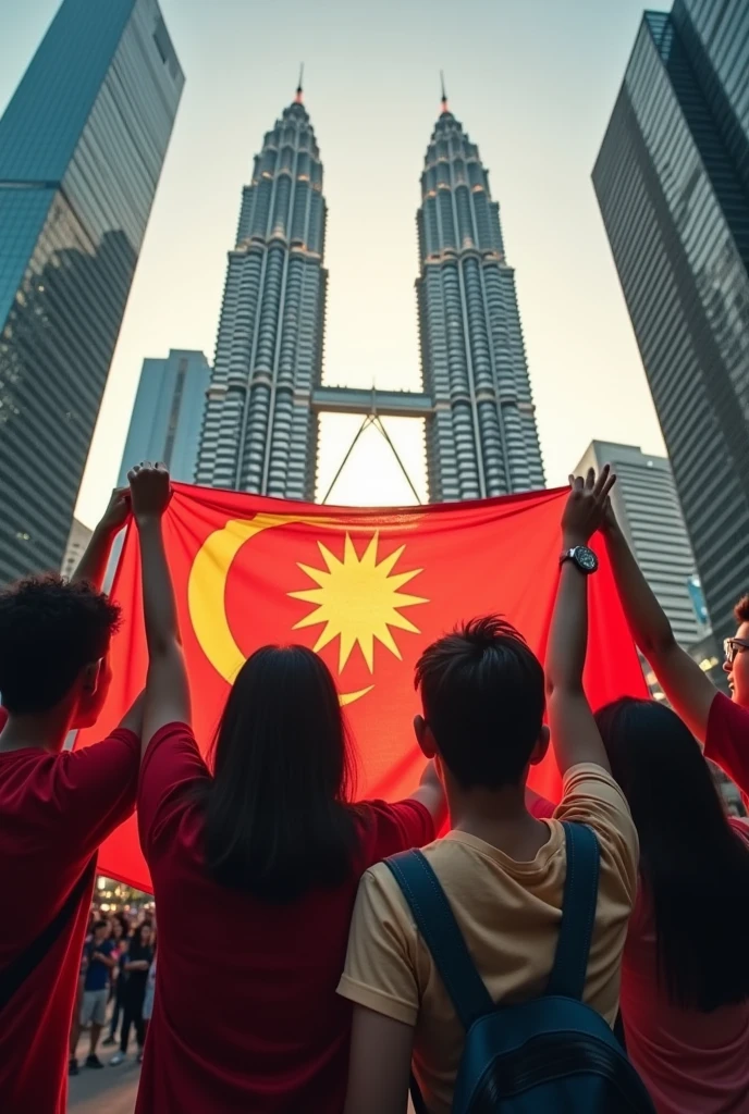At klcc with a group of friends , family are holding a flag to celebrating independence days .aspect ratio 16:9