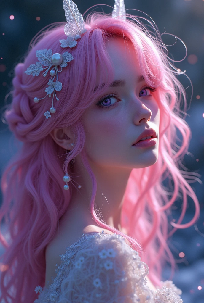 With pink hair and purple eyes,beautiful as a fairy,A melancholy expression that stirs affection,side face,floating hair,light particles,glare,vivid,fancy,dreamlike,a dim atomshpere,college-aged