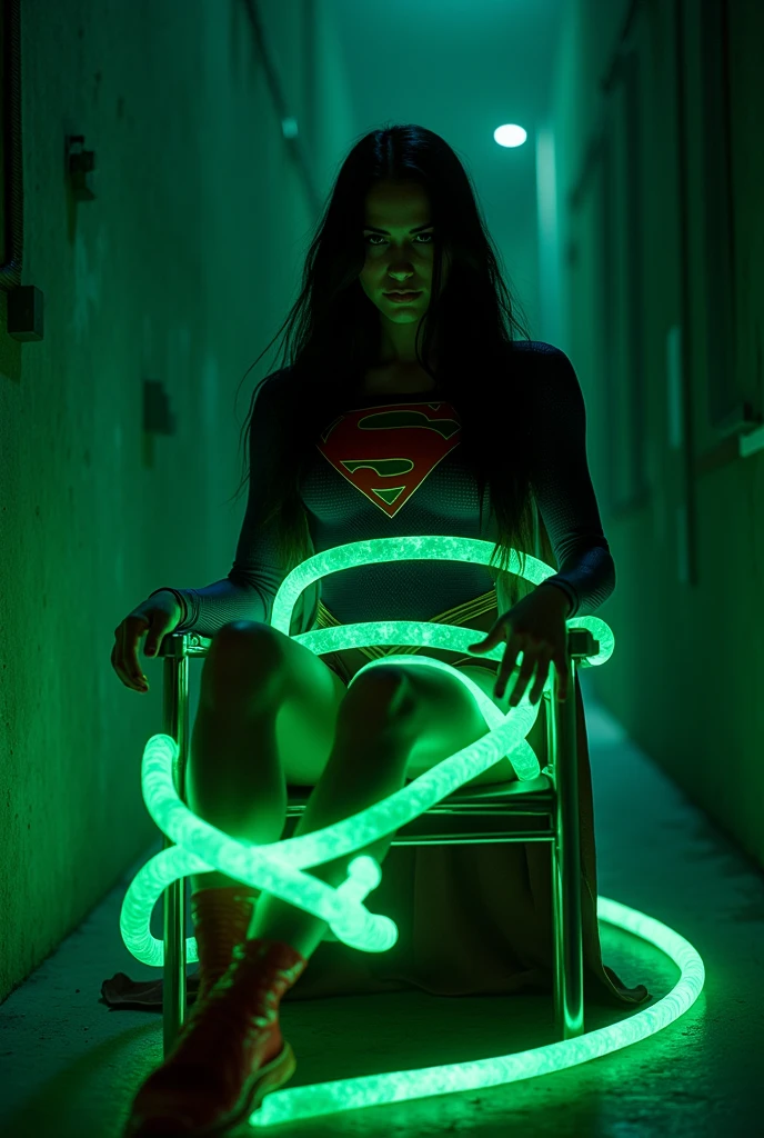 A PERIL BONDAGE SCENE WHERE A HOT SUPERGIRL WITH LONG BLACK HAIR WEARING HER ICONIC SUPERGIRL OUTFIT AND CAPE, HER HANDS, FEET AND WASTE TIED UP WITH LOTS OF GLOWING GREEN KRYPTONITE ROPE WHILE SITTING IN A METAL CHAIR, A BALL GAGG COVERS HER MOUTH, COMPLETELY HELPLESS IN A PITCH BLACK ROOM. INCREDIBLE DETAILS, HYPER DETAILED IN 8K RESOLUTION